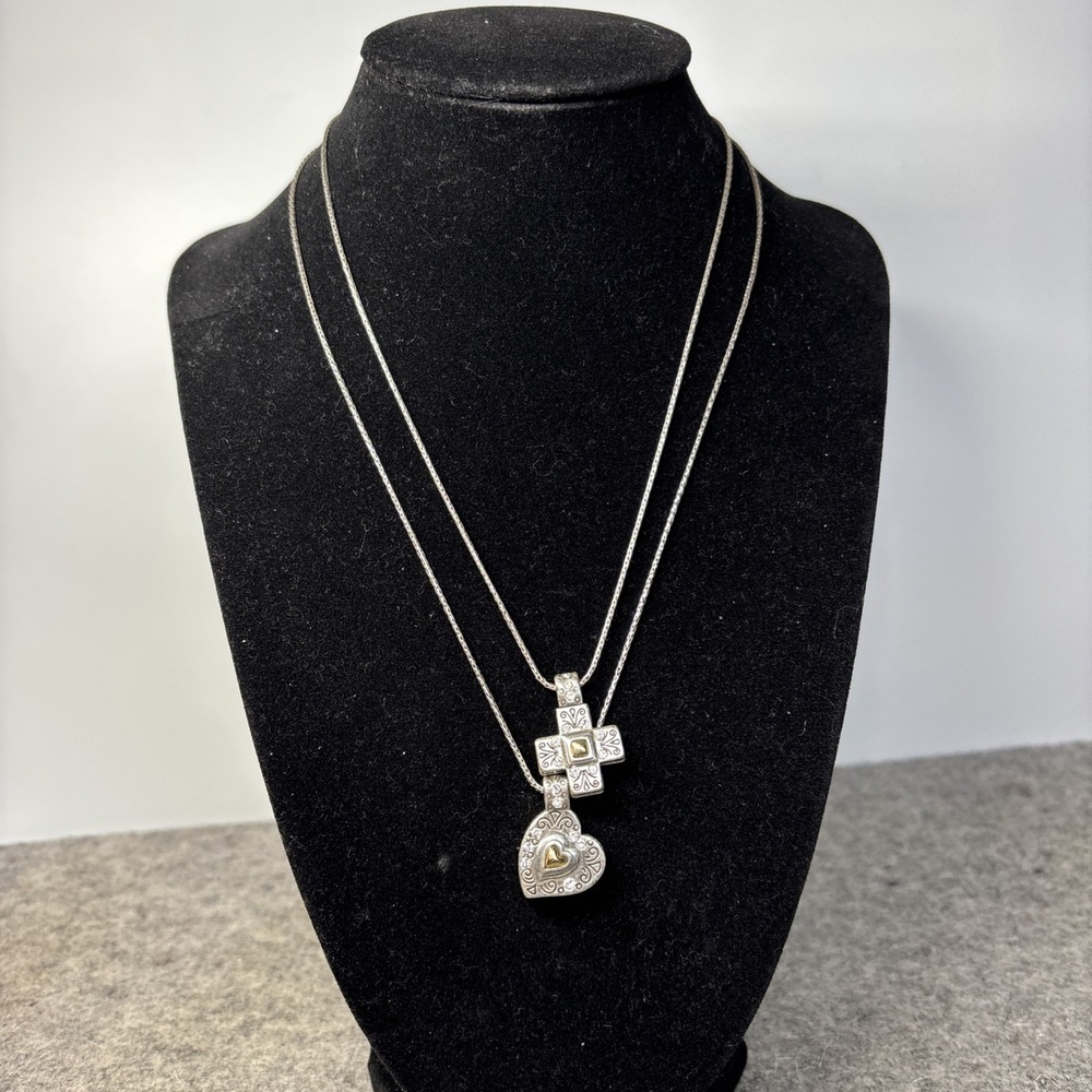 Brighton Cross & Heart Necklace Set Silver Gold Tone Crystal Layered Faith